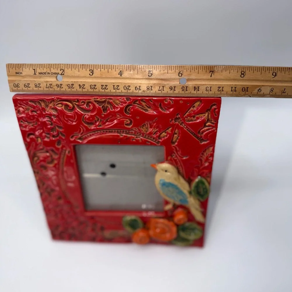 Red Ceramic Bird and Flower Embossed Photo Frame Square 4x4 Cottagecore